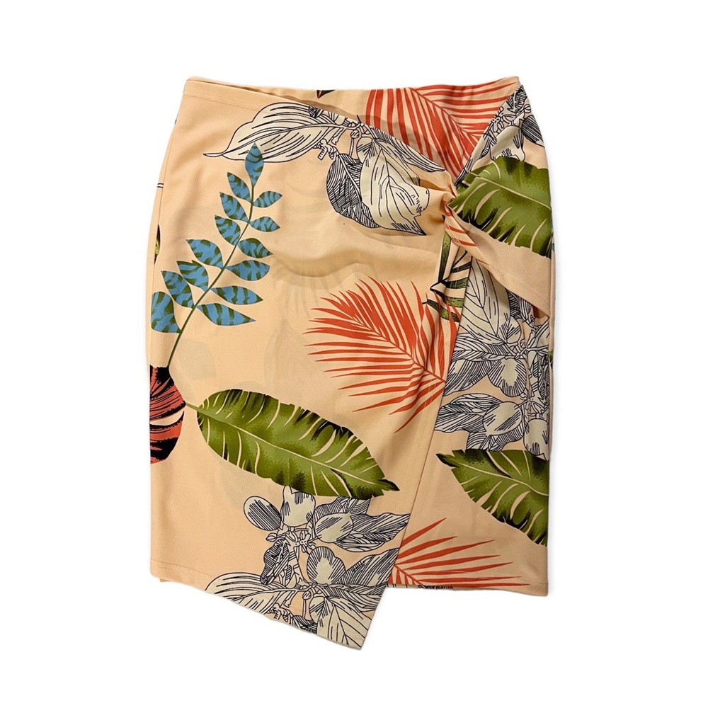 Kate Kasin Peach Tropical Leaf Floral Print Faux Wrap Skirt Plus NEW